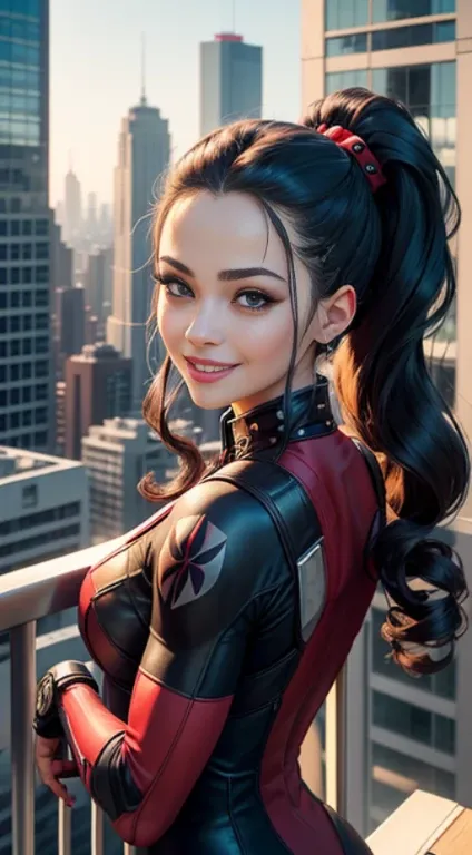 handsome girl, wicked smile, Deadpool, The perfect female face, Iroquois hairstyle, A detailed eye, long eyelashes, On the roof of a high-rise building