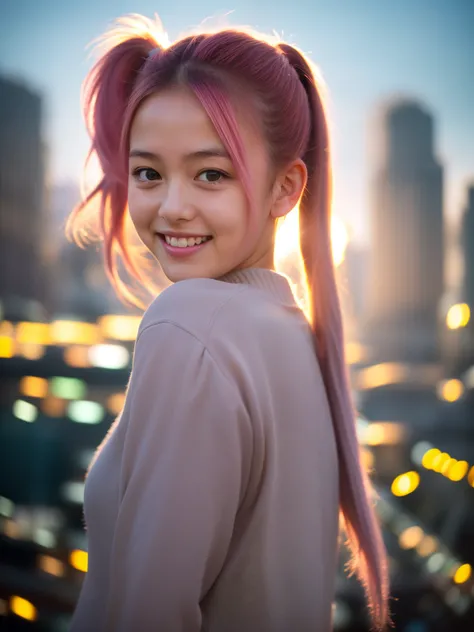 Portrait photo of a young girl, (laughing:0.7), pink ponytails hair, complex city background, backlit, (cinematic:1.5), epic realistic, hyperdetailed, insane details, intricate details, accent lighting, soft volumetric light, bokeh, (dramatic light:1.2), (...