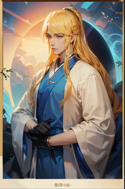 handsome young man, long blonde hair, cinematic lighting, LONG gloves,blue and white male hanfu, ancient china, flat background, masterpiece