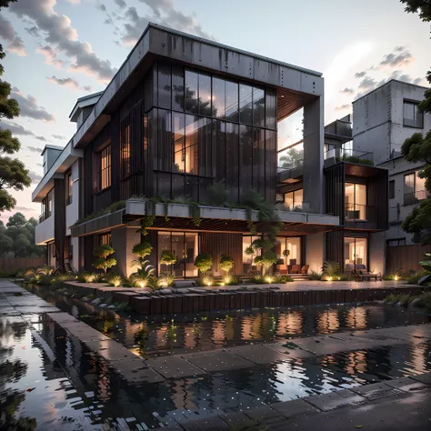 mordenhouse, house, glass house with a sloping roof, modern, dynamic (RAW photo, real, best quality, masterpiece:1.2), (hyper realistic, photo-realistic:1.2), high quality, (dark lighting:1.2), perfect lighting, archdaily