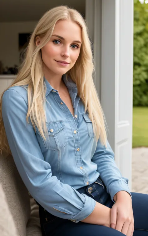 Une femme d&#39;une vingtaine d&#39;Années aux longs cheveux blonds et aux yeux bleus est assise à la maison, belle femme blonde, belle fille blonde, woman blonde and beauté, Portrait de belle femme, photos sans couture 8K, beautiful portrait of the model,...