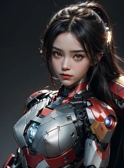 Textured skin, Super Detail, high details, High quality, Best Quality, hight resolution, 1080p, hard disk, Beautiful,(Iron Girl),beautiful cyborg woman,Mecha Cyborg Girl,Battle Mode,Girl with a Mecha Body,She wears an Iron Man mech,fully body photo