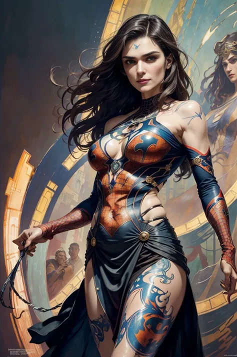 Rachel Weisz、Sticking out the navel、newyork、She wears a torn Spider-Man suit,wearing skirt、abstract photorealistic、artistic、Alphonse Muchas painting(​masterpiece、top-quality、hight resolution:1.4)、detaileds、intricate-detail、4K、color splashes、line-drawing、Fi...