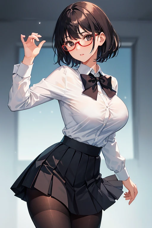 1 girl, (slim body:1.2), (huge breasts:1.1), black hair, short hair, brown eyes, high school uniform, white shirt, dark blue pleated skirt, (black tights:1.1), light blue bowtie, red rimmed glasses, (angle from side:1.2),