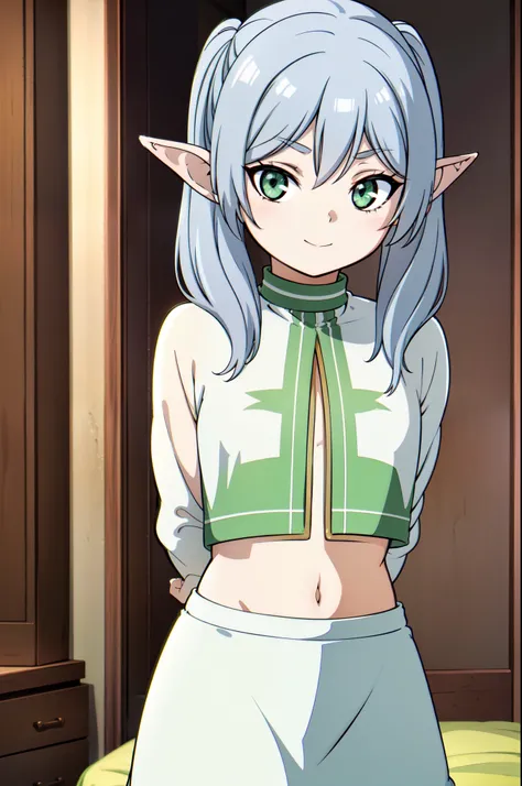 1girl, solo, frieren style, long hair, twintails, green eyes, beautiful eyes, grey hair, pointy ears, elf, serious, small smile, closed mouth, small breasts, thin girl, babydoll, underwear, skirt, see-through clothes, midriff, navel, empire waist, depth of...