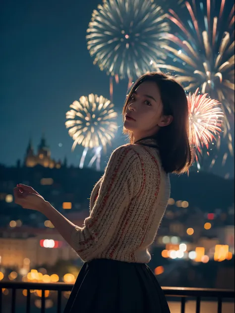 landscape, (firework: 1.3), a flame embroidered in the night sky, looking at the sky with girls head tilted back, back to camera, travel, happy, windy, prague, castle seen in the background, movie scene, cinematic light, low light, very dark scene, (anamor...