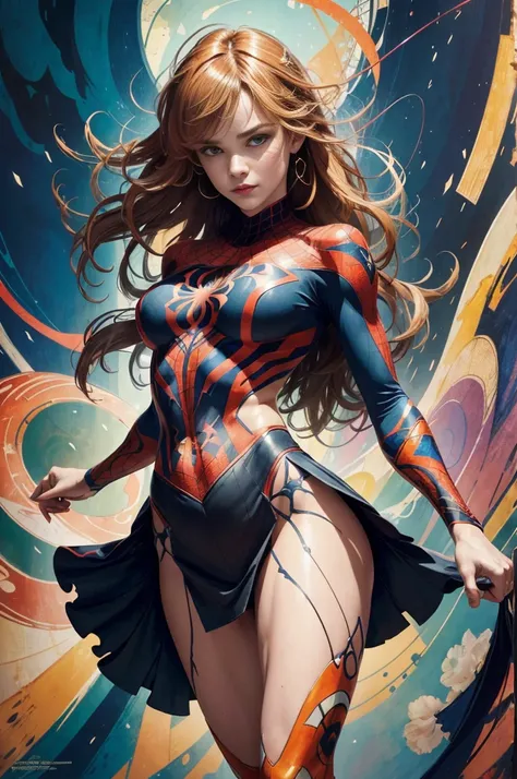 Daniel Panabaker、Sticking out the navel、newyork、She wears a torn Spider-Man suit,wearing skirt、abstract photorealistic、artistic、Alphonse Muchas painting(​masterpiece、top-quality、hight resolution:1.4)、detaileds、intricate-detail、4K、color splashes、line-drawin...