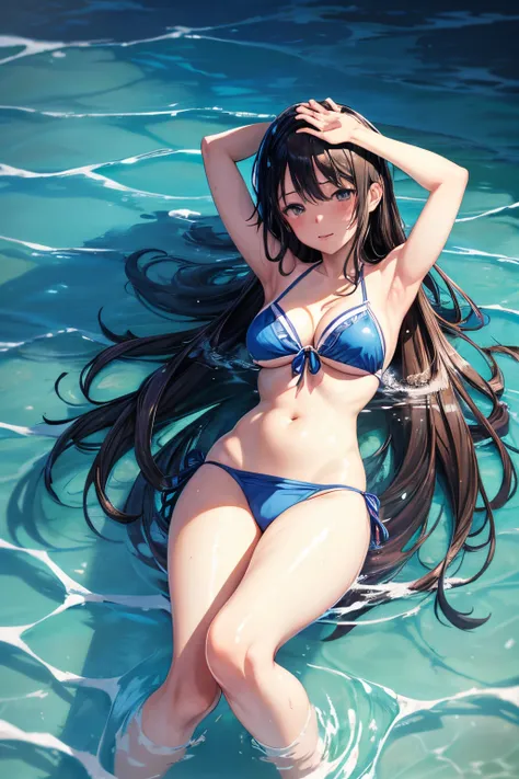 anime girl in bikini lying face down in water, an illustration of Kamagurka, Pixiv, Shin Hanga, blue water anime wallpaper, Nagatoro, Anime girl walking in water, Mayuri Shiina, Marin Kitagawa Fanart, anime oficial ainda, Makoto Shinkai e Artgerm, menina a...