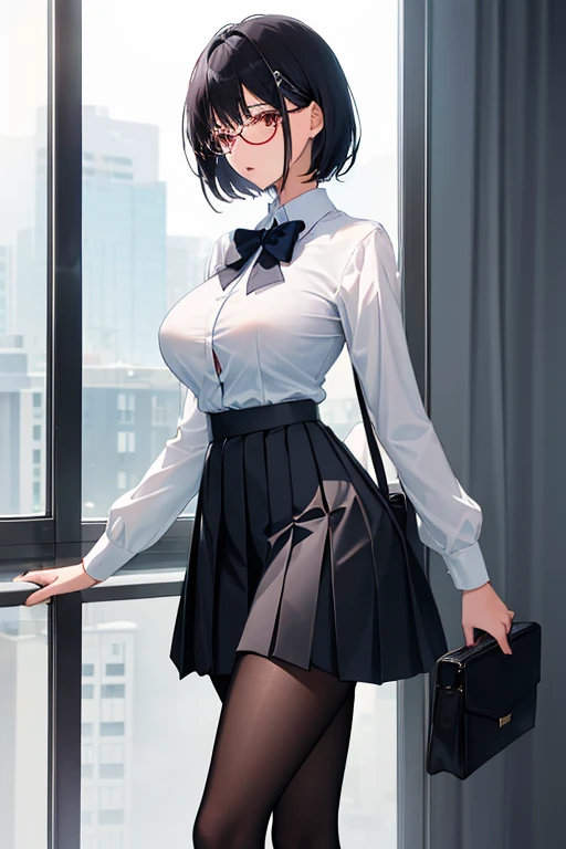 1 girl, (slim body:1.2), (huge breasts:1.1), black hair, short hair, brown eyes, high school uniform, white shirt, long sleeve shirt, dark blue pleated skirt, (black tights:1.1), light blue bowtie, red rimmed glasses, (angle from side:1.2),