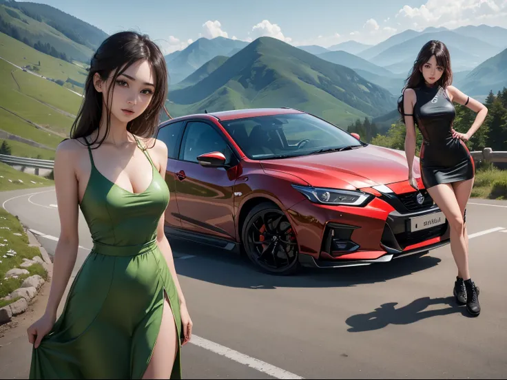 1womanl、Slender woman、View of beautiful woman and sports car、超A high resolution、An ultra-high picture quality、8K、Wonderful expression with attention to detail、early summer valley、beautiful fresh green、A bright red sports car stopped at a mountain pass.Niss...