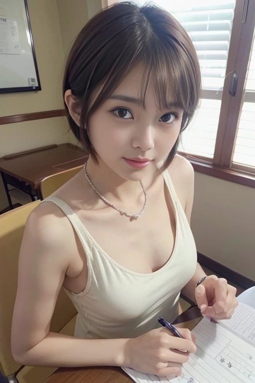 Cute 21 years old Japan、Schools、a desk、Studying、Super Detail Face、Eye of Detail、二重まぶた、beautiful thin nose、foco nítido:1.2、prety woman:1.4、(light brown hair,Short cut hair, white skin、Brilliant one-piece、top-quality、​masterpiece、超A high resolution、(Photorea...