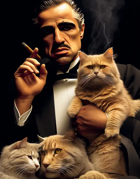 complete the missing elements, the body of the man and the cat, maintaining the same tone and lighting. homem arafiado de smoking fumando um charutoro e segurando um gato, gato fumando um charuto, Godfather, gato fumando um charutoro, The Godfather, marlon...