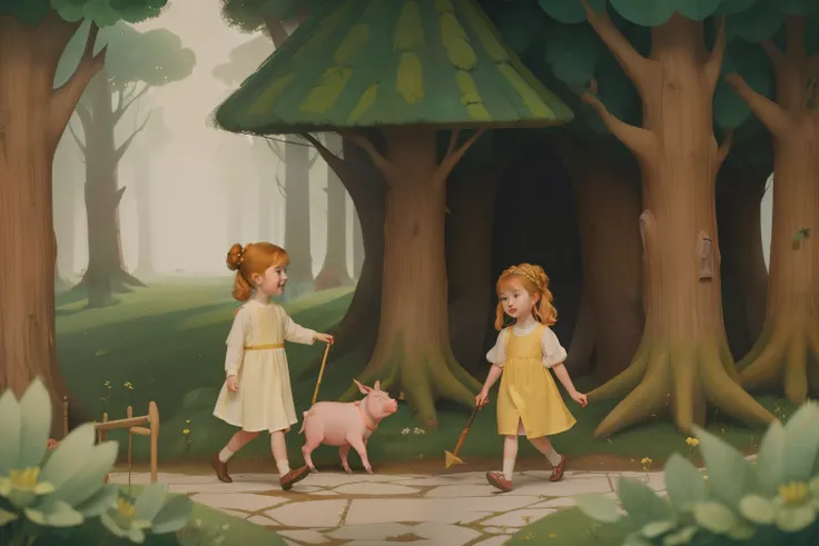 1135, England. scene with an otherworldly forest, ((((7-year-old)) Mckenna Grace)), happy girl, walking with a pig, ((((poor tunic from the 12th century)))), ((Hairstyle of the 12th century)), ((Wes Anderson cinematic style)), colorful