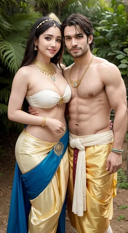 A couple in embrace, looking at each other, Man- Henry Cavill, tall, handsome, long hair, a peacock feather in his hair on head, blue skin tone, robust, shirtless, wearing gold ornaments, wearing a yellow silk dhoti, smiling, a large flute in his hand, wom...