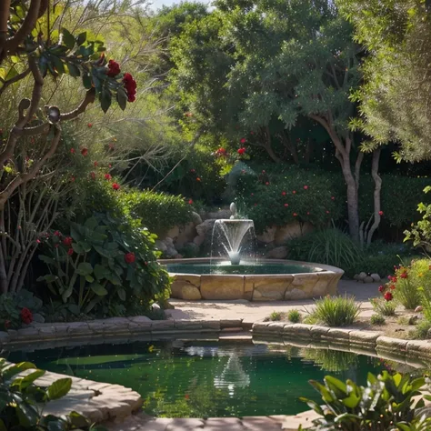 A vibrant and lush garden adorned with countless crimson roses, surrounding a serene oasis in the heart of a vast desert. The crystal-clear pond reflects the vibrant petals and shimmering green foliage, while a majestic fountain gracefully sprays water int...