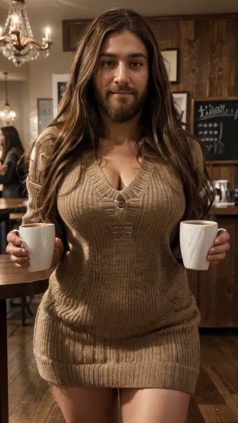 (best quality,4k,highres,ultra-detailed,realistic:1.37),vibrant portrait,beautiful teacher lady with a long big beard,long beautiful hair,manly chiseled face,expressive eyes,lovely smile,stylish outfit,confident stance,coffee cup,cozy atmosphere,artistic l...