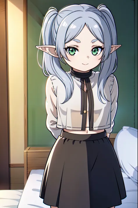 1girl, solo, frieren style, long hair, twintails, green eyes, beautiful eyes, grey hair, forehead, pointy ears, elf, serious, sm...