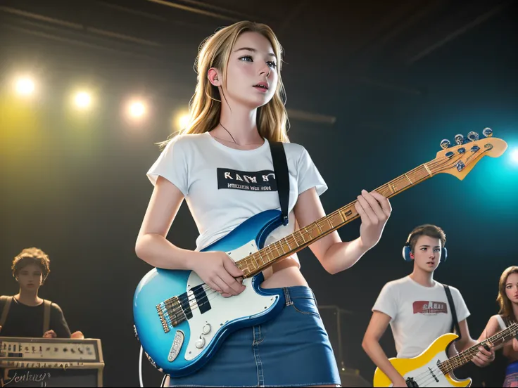 top quality 32k raw photo of 18-year-old Emily VanCamp wearing white T shirt and jeans skirt and headphone. navel look. she is on the disco stage playing blue bass guitar. colorful lights,