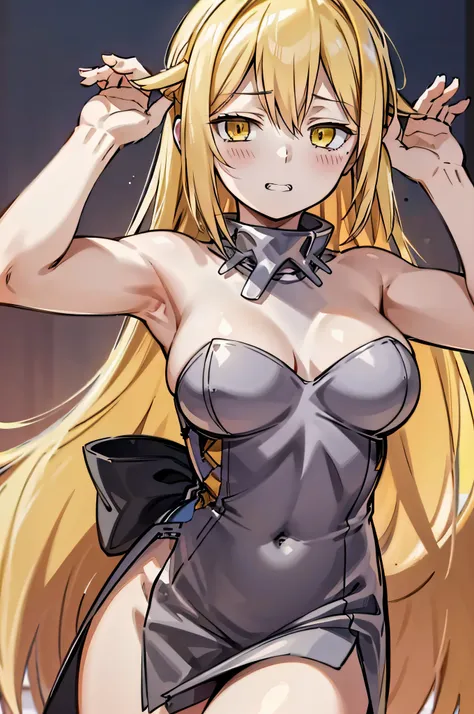 ((slaveclothes)),rabbit pose arms up,yellow eyes,blonde hair,(blush,pleasure,delight,orgasm,cleanched teeth,rolling eyes)