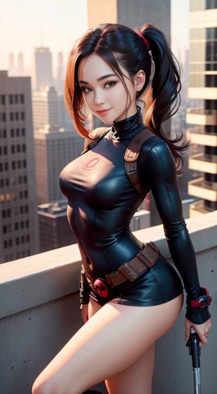 Front Focus, handsome girl, Slender thin legs, Elegant boots, standing on the roof of a high-rise building, endearing smile, hair in the form of two ponytails, Deadpool, The perfect female face, A detailed eye, long eyelashes