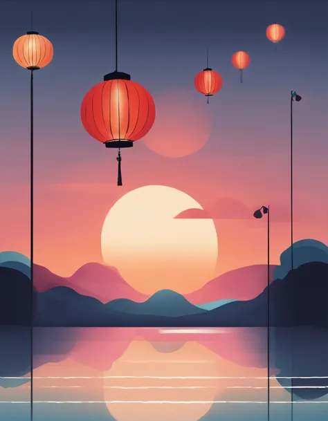 a minimalist image，Depicts the peaceful and colorful nighttime Lantern Festival lighting up the sky