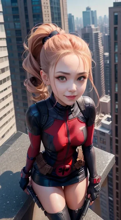 Front Focus, handsome girl, Slender thin legs, Elegant boots, standing on the roof of a high-rise building, endearing smile, hair in the form of two ponytails, (Deadpool: 1,2), The perfect female face, A detailed eye, long eyelashes