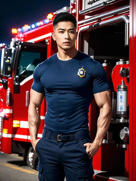 (masterpiece: 1.2), (realistic:1.5), (post processing:1.3), (crisp focus:1.3),wide angle, 1 male police officer, whole korean ma...