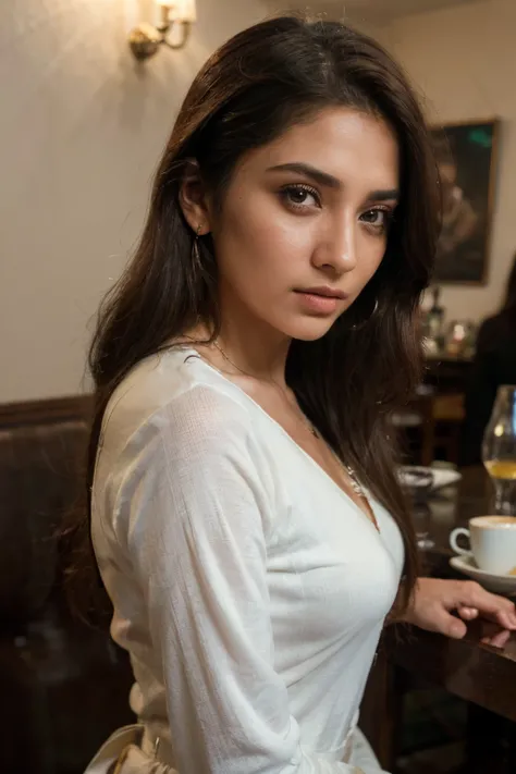 (Best quality, Ultra-detailed, Perfect Ratio, Masterpiece:1.2), Studio lighting:0.7, Photorealistic portrait of a beautiful pakistani woman at a cafe, turning her head to the side to showcase a striking earring to the camera. The woman should have a highly...