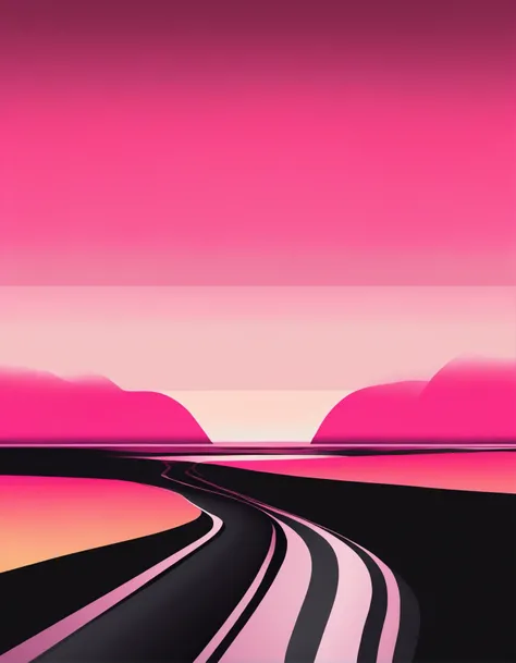 a pink line shaped like a sunset dragging across the sand, in the style of vibrant pop surrealism, dark black and pink, abdel hadi al gazzar, realistic color schemes, color splash, monochromatic color schemes, luminous shadowing