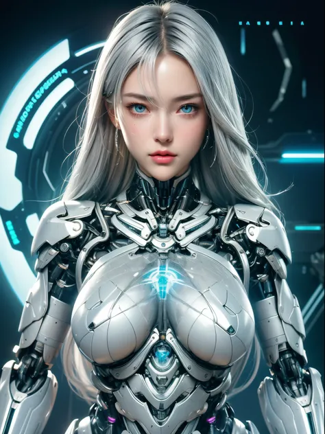 Best Quality、Silver hair、Beautiful cleavage with plump breasts、a 20 yo woman、shining light、White Garment、Cyborg body、Machine body、（Intricate details、The servo、gear）、detailed skeleton、Mechanical body、（body of mechanical parts）、Human eyes、Well-formed face、Be...