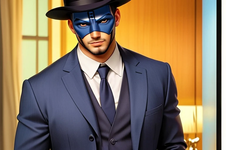 Man in suit and tie with mask, fedora azul, Homem misterioso, A Pantera Azul, a suited man in a hat, homem bonito, 1960s spy, inspirado em Vincent Lefevre, gentelman, mascarado, foto de perfil 1024px, terno azul, terno dourado azul, Gorjetando seu fedora, ...