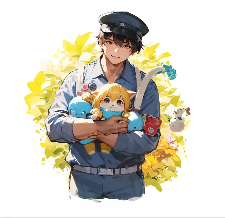 Drawing of a man holding a toy and a cat, High-quality fanart, kawaii team,Kubis Art, Detailed fanart, Official fan art,  Similar to Deng Sachin style, lovely art style, Very detailed and beautiful fan art, cute artwork，securityguard，hospitals，hospital sec...