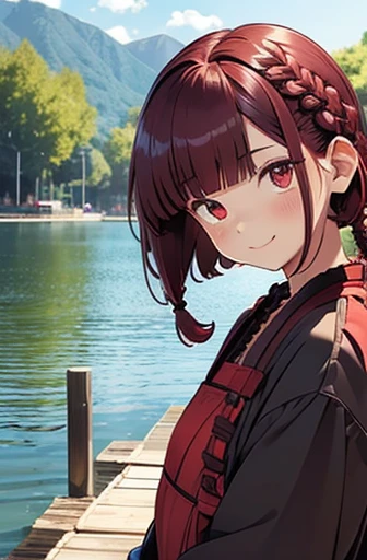 dark red hair, full body Esbian, fluffy hair, childish, Layered Bob,  ((Braided shorthair)), ((Braiding bangs)), (a short bob), a park, Slightly red tide, A smiling expression, tatteredclothing, Fishing eyes, Multiple children