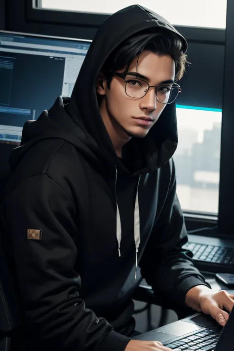 Young man 25 years old, smart, Serious, smart, wear expensive clothes - a hoodie, sitting at the table in his office, behind a large computer monitor and window, time - evening, the body and face are directed towards the viewer, with glasses on, dark color...