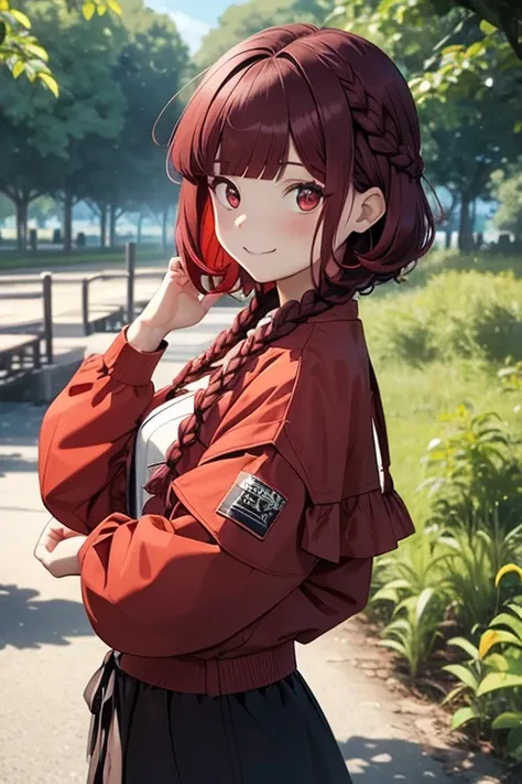 dark red hair, full body Esbian, fluffy hair, childish, Layered Bob,  ((Braided shorthair)), ((Braiding bangs)), (a short bob), a park, Slightly red tide, a smile, tatteredclothing, Bukavka clothes, Fishing eyes