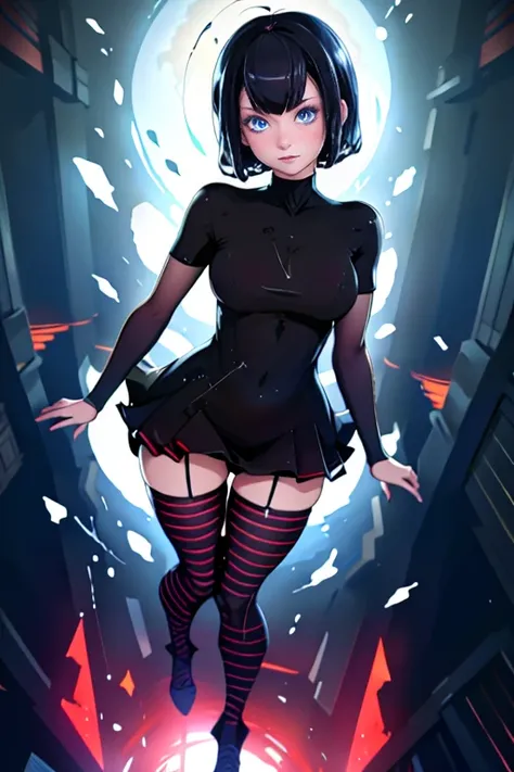 Masterpiece, extra high resolution, ultra -detailed, Beautiful European girl, black  hair, short bob cut, Amazing blue eyes, White Skin Skin, red-lips, blushful, gentle look, sorceress, Amazing face, The Amazing Mavis Dracula, realisti, Black Dress,  strip...