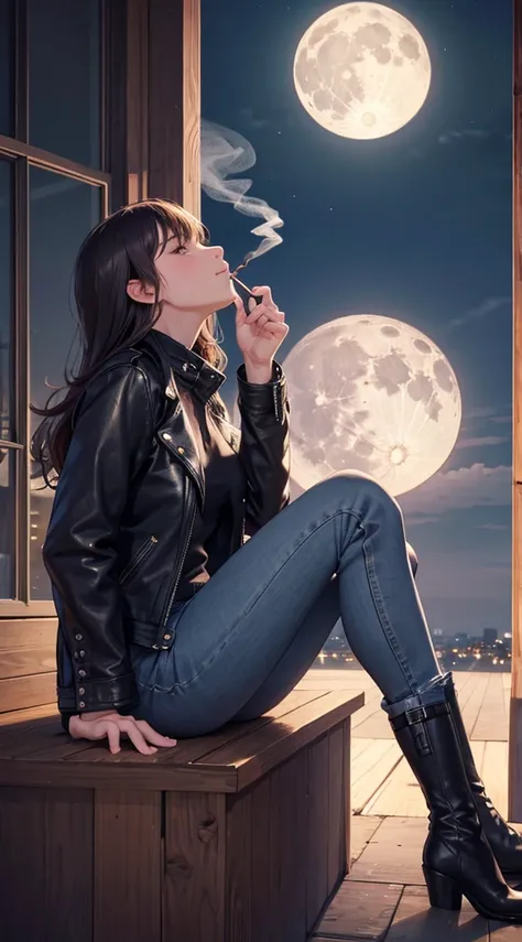 1 Downer woman(smokeing),leather jackets,jeans,Short boots,look up sky,verandah,Midnight,Full moon in the sky,4K,High quality,Ultra Detail,super precision,masutepiece,