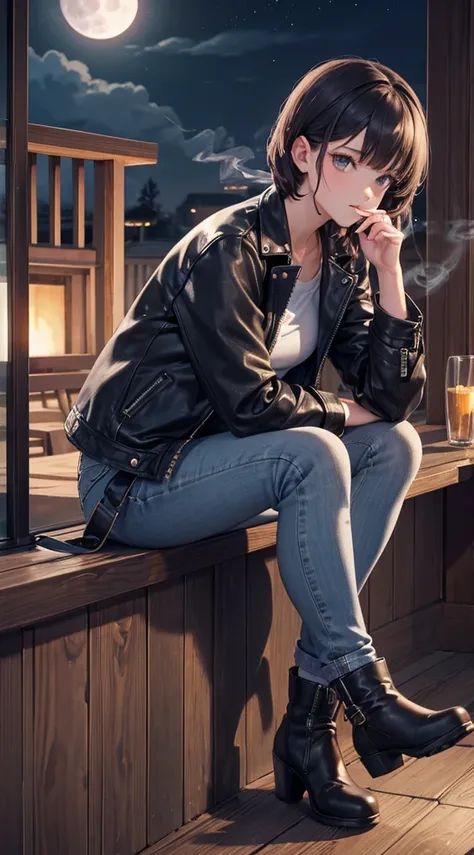 1 Downer woman(smokeing),leather jackets,jeans,Short boots,look up sky,verandah,Midnight,Full moon in the sky,4K,High quality,Ultra Detail,super precision,masutepiece,