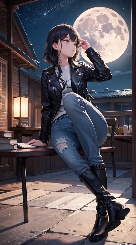 1 Downer woman(Have a book),leather jackets,jeans,Short boots,look up sky,verandah,Midnight,Full moon in the sky,4K,High quality,Ultra Detail,super precision,masutepiece,