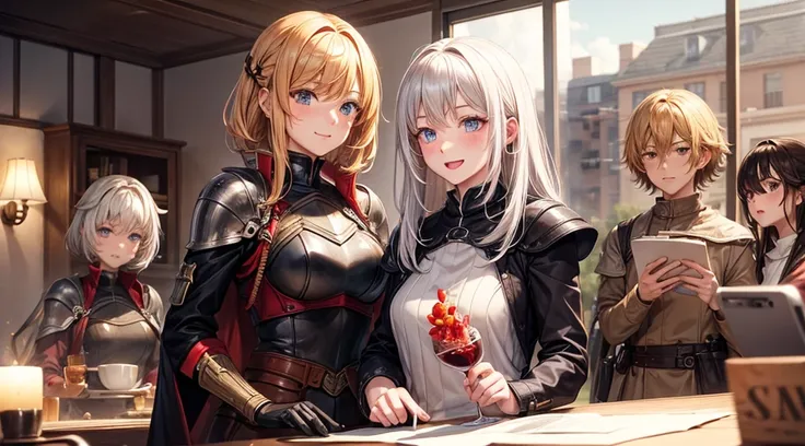 Short-haired male knight and long-haired female,frontage,a blond,a smile,red blush,lovemaking