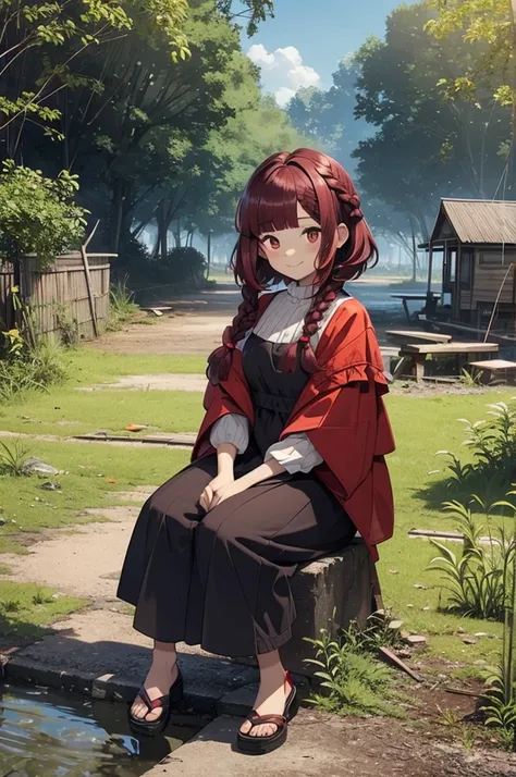 dark red hair, full body Esbian, fluffy hair, childish, Layered Bob,  ((Braided shorthair)), ((Braiding bangs)), (a short bob), Dim Park, ruins, Slightly red tide, A smile, tatteredclothing, Bukavka clothes, Fishing eyes