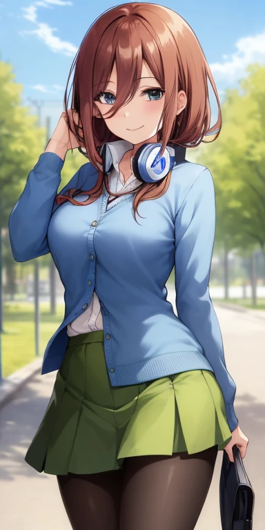 2d, masterpiece, best quality, anime, highly detailed, 1girl, solo, cowboy shot, nakano miku, brown hair, hair between eyes, blue cardigan, headphones, pantyhose, collared shirt, green skirt, miniskirt, medium breasts, standing, school, outdoors, smile