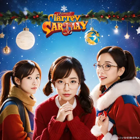 pixar movie poster。Three girls。 Twintails, ponytails and straight bob。1 person wearing glasses。Wearing winter clothes。Christmas。