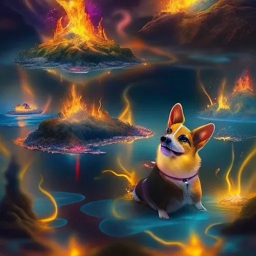 fantasy. A colorful corgi created of darkness, with eyes that glow. the air around it seems ethereal. it stands before a lake made of fire. evil, colorful