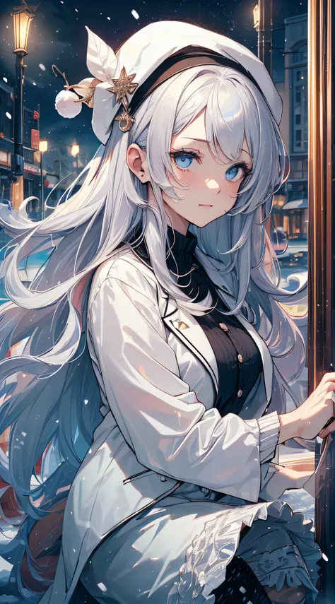 top-quality、Top image quality、​masterpiece、teens girl((white longcoat、Black pants、black overshirt、Santas Hat、18year old、 Ager、Best Bust、big bast,Beautiful wide open light blue eyerest, Long silver hair、A slender,Large valleys、dye ones cheeks red、White brea...