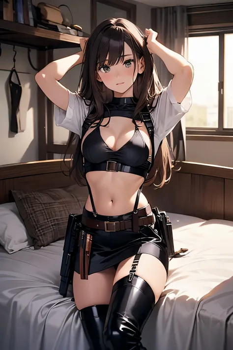 Brown hair、watching at viewers　　　black suspenders　　　Bulging big breasts　　 　 　　　walls: 　Black miniskirt　garters　　　　　　Gaze　　　Small face　bangss 　　　holster　　Belt Armament　Beautuful Women　srestrained　hands up　Lying in bed　Leg holster lying on the bed　　Gaze 　bla...