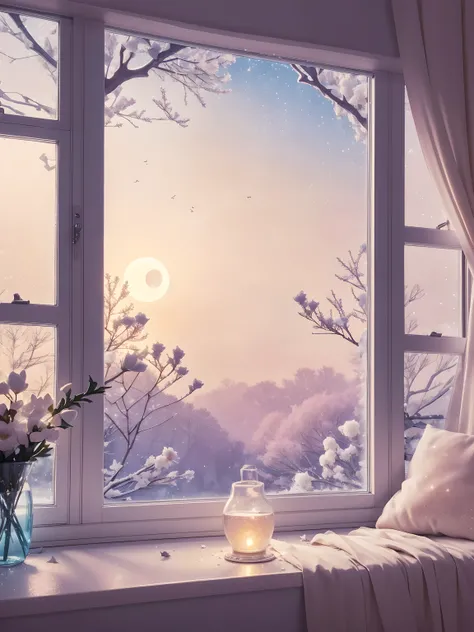 (Best quality:1.2), aesthetic lo-fi minimalist scene, winter, holly flower, window, moon, light bokeh, in soft colors, glitter, dynamic side angle, natural soft lighting, 8k resolution, illustration