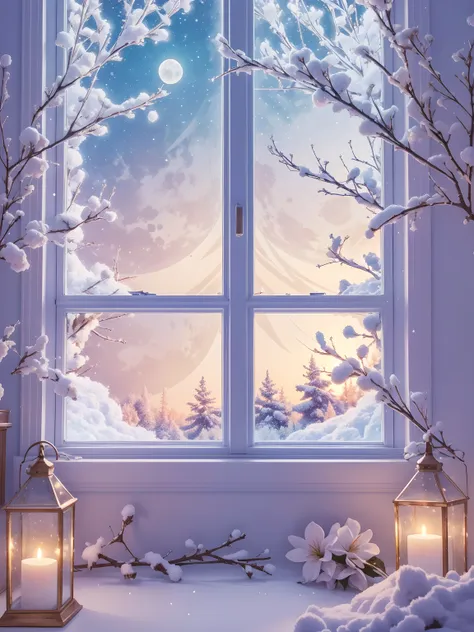 (best quality:1.2), aesthetic lo-fi minimalist scene, winter, holly flower, window, moon, light bokeh, in soft colors, glitter, ...