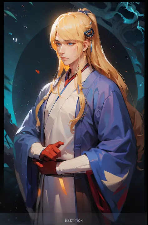 handsome young man, long blonde hair, cinematic lighting, LONG glove, (((deep blue and white male hanfu))), ancient china, minimalist background pattern,  background flat background, masterpiece