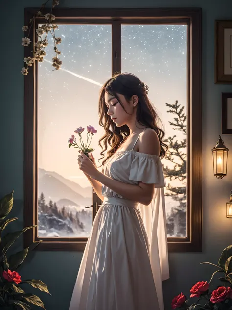 (best quality:1.2), aesthetic lo-fi minimalist scene, winter, holly flower, window, moon, light bokeh, in soft colors, glitter, ...